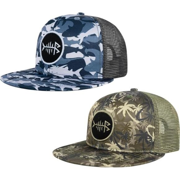 2 Pack Men's Flat Brim Trucker Cap Adjustable Snapback Hat Mesh Back